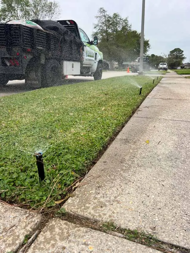 Lawn sprinkler repair with system running near sidewalk