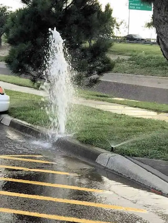 Broken sprinkler line spraying water near street